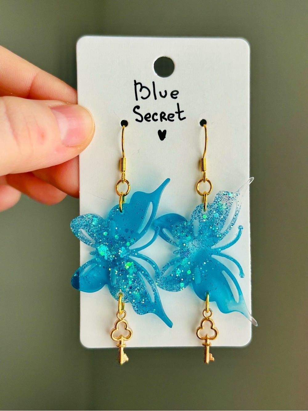 Blue Secret Resin Butterfly Earrings Blue Glitter Key Dangle Jewelry